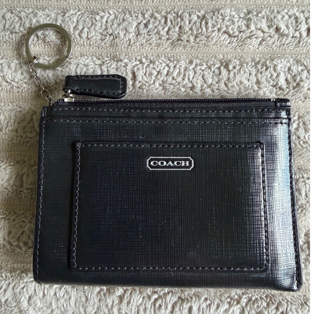 Coach Black Crossgrain Leather Mini Skinny ID Case Key Ring Wallet